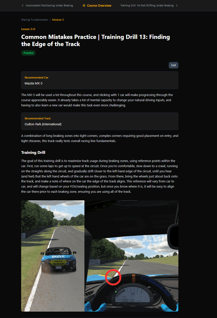 Practice drill lesson with in-car screenshots and step-by-step instructions
