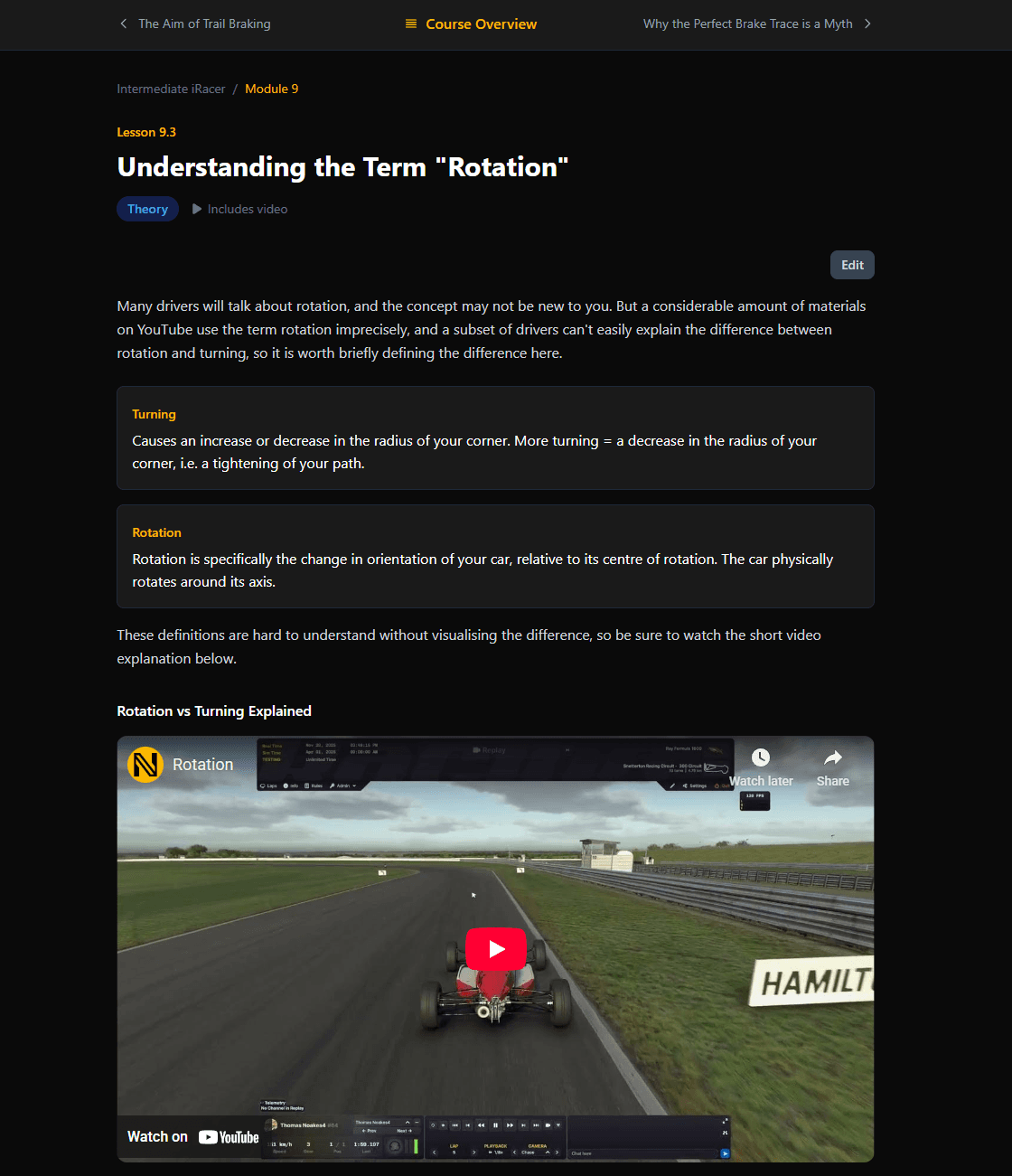Theory lesson explaining rotation with embedded video and detailed written content